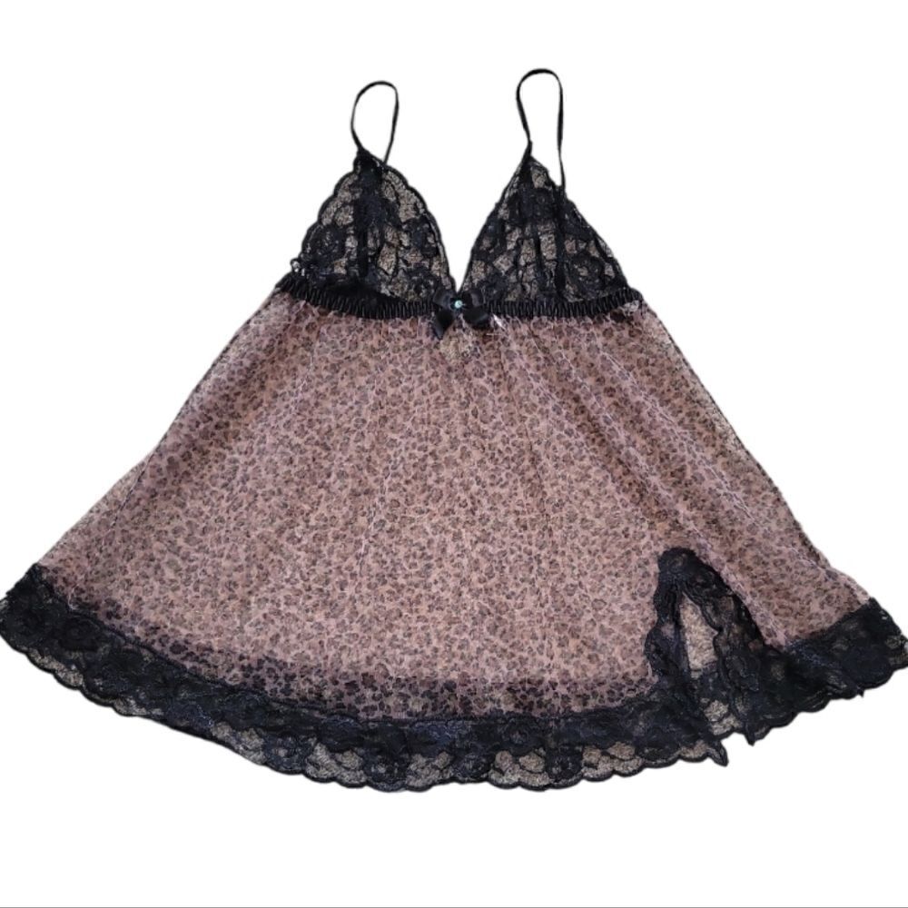 FREDERICK'S OF HOLLYWOOD SHEER LEOPARD PRINT BABYDOLL TEDDY WITH BLACK LACE SZ.L